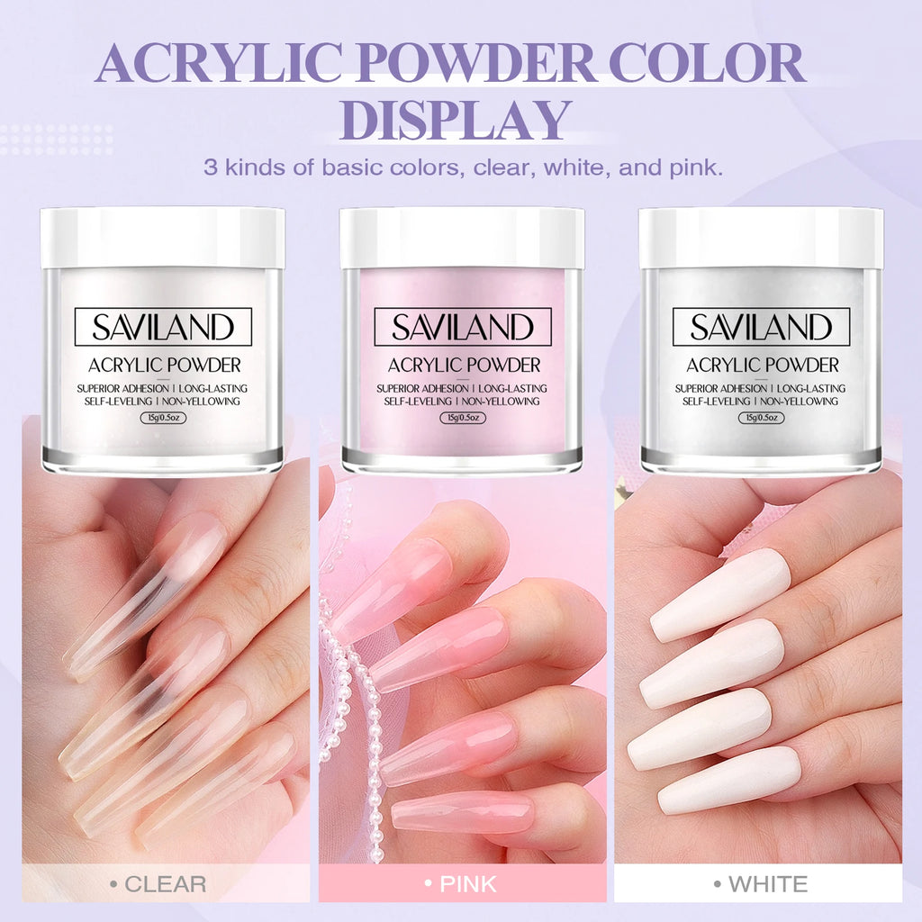 SAVILAND Essentials Acrylic Nail Kit Complete Set for Beginners with White Pink Clear Powder Liquid 8 10 14 Brush Nail Forms